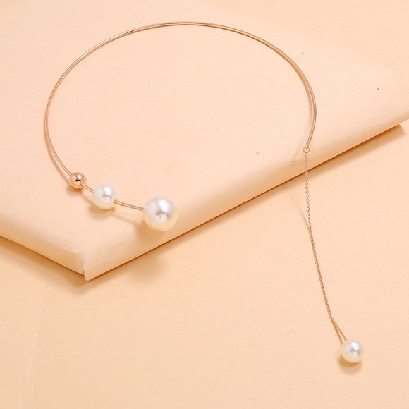 NEW Rose Gold Geometric C Shaped Open Pearl Long Link Chain Necklace - Picture 3 of 4